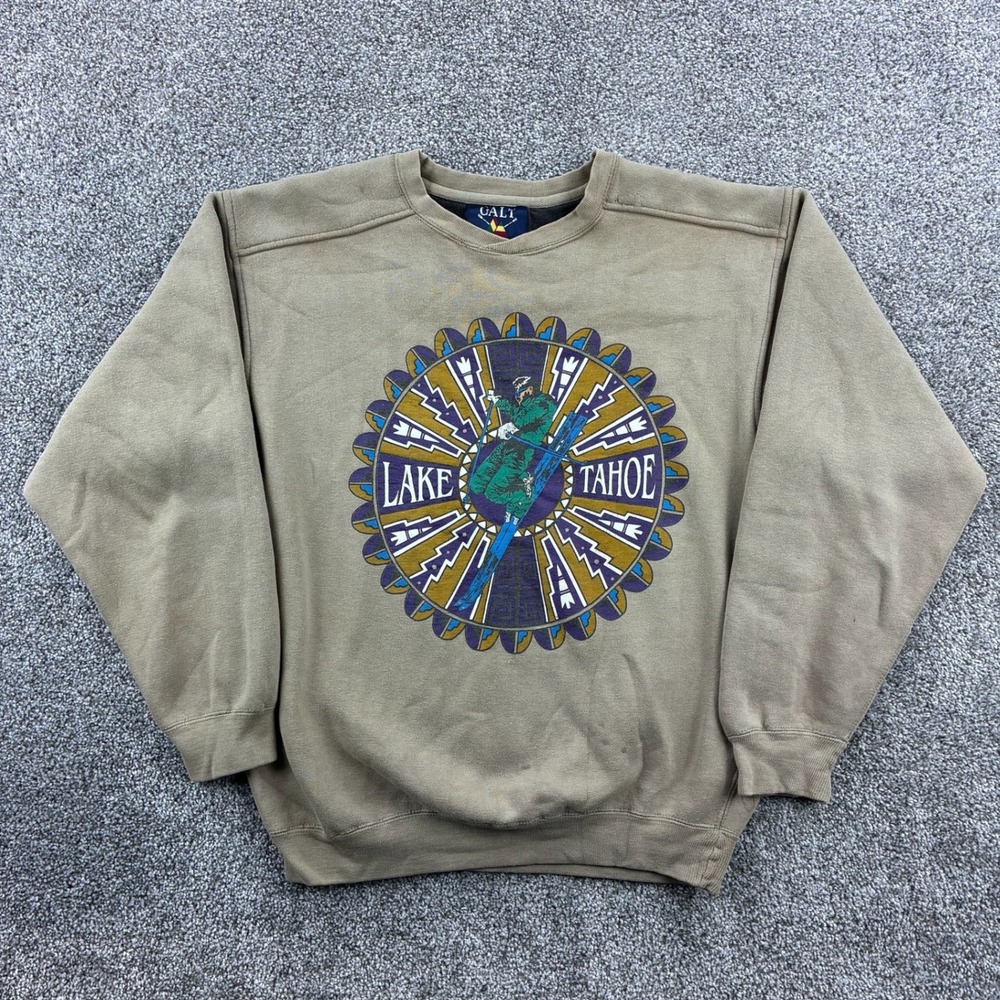 Vintage Lake Tahoe Ski Sweatshirt Mens Small Tan Cotton Downhill Ski Snowboard